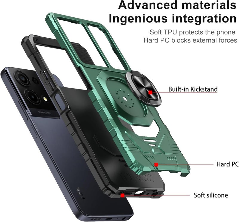 Mocotto for TCL K32/K33 5G 2025 Phone Case with Tempered Glass Screen Protector Military Grade Shockproof Protective Cover with Ring Kickstand (Dark Green) - Image 3